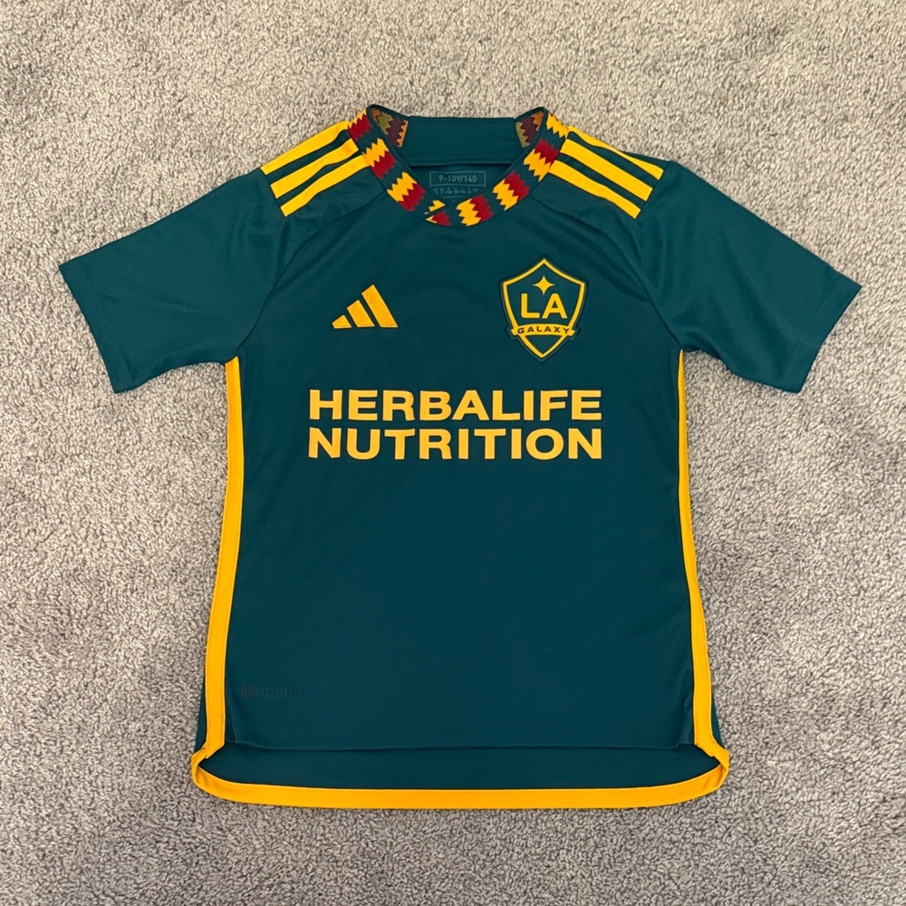 Adidas Kids LA Galaxy Green and Gold Soccer Jersey Size 9-10Y/140 Small
